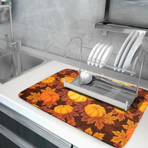 Fall Microfiber Dish Drying Mat 18x24 Inch with Pumpkin Maple Leaves Variation