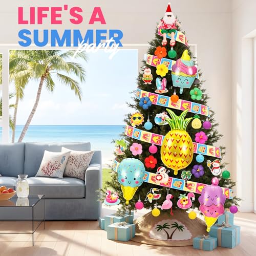 Summer Christmas Tree Ornaments Set - Tropical Hibiscus Pineapple Flamingo & Ice Cream Decorations - Summer Christmas Variation