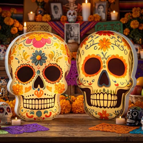 2-Pack Day of The Dead Skull Lanterns LED Sugar Skull Halloween Decor