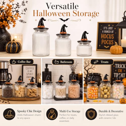 Halloween Glass Jar Set with Witch Hat Lids - Black & Orange Candy & Cookie Storage