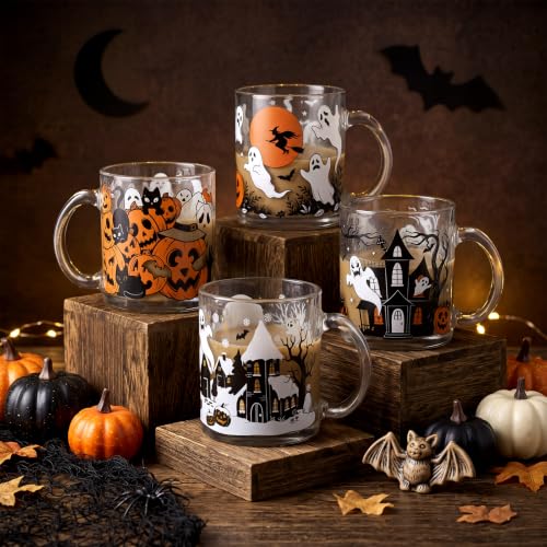 Halloween Ghost Coffee Mug Set - Black Cat Variation, 4 x 12 oz