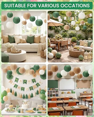48 Pcs Dark Green Paper Lanterns Party Decorations - Round, Reusable, 4 Sizes