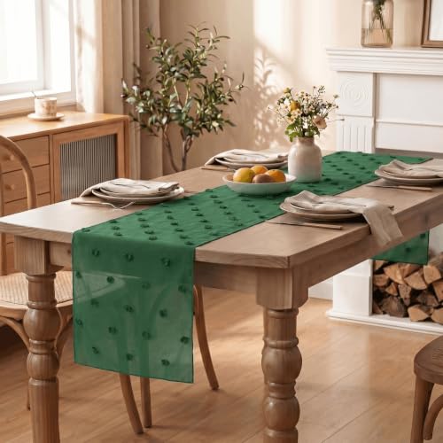 Forest Green Pom Pom Tulle Table Runner - 12x72 Inch Christmas & Holiday Decor