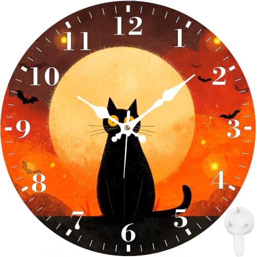 12-Inch Silent Wall Clock - Halloween Cat & Full Moon Design - Home Decor
