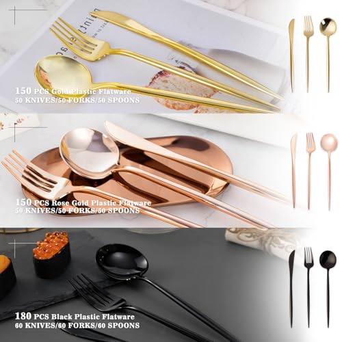 150PCS Rose Gold Plastic Silverware Set - Heavy Duty Disposable Utensils for Parties
