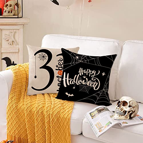 Halloween Pillow Covers 22x22 Set of 4 Black Spider Webs Bat Decor - Trick or Treat