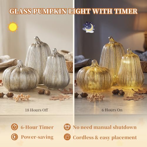 Gold Glass Pumpkin Lights with Timer - Set of 3 Halloween Decor