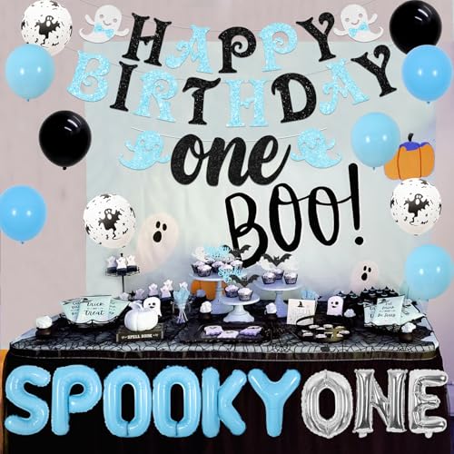 Halloween First Birthday Decorations Set for Boys - Banner, Balloons & Cake Toppers