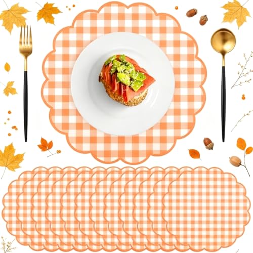 Orange Checkered Gingham Paper Placemats - Disposable Fall Table Decor, 60 Pcs