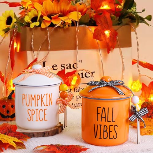 Fall Ceramic Canisters Set - Thanksgiving Candy Holders with Wooden Tags