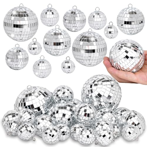 26 Pcs Silver Mirror Disco Ball Hanging Decorations for 70s Party & Events