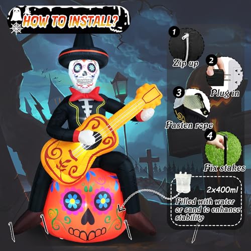 Halloween Inflatable Decoration 6 FT Spooky Sugar Skull Guitar Pumpkin with LED Lights - Day of The Dead Yard Decor