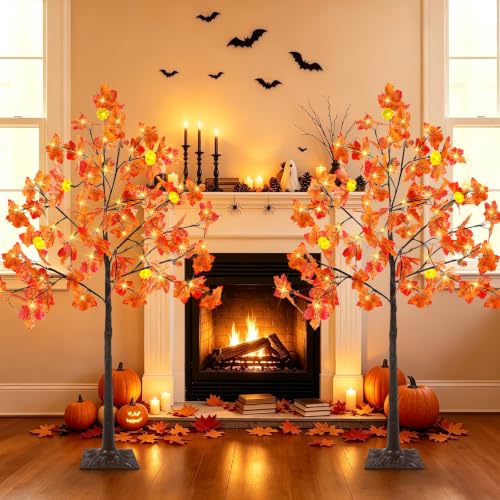 TURNMEON 2 Pack 4ft Prelit Fall Maple Trees with Pumpkins & Acorns - Outdoor Halloween Decor