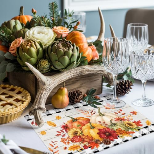 Orange & Black Fall Placemats Set of 6 - Non Slip Washable Farmhouse Table Mats