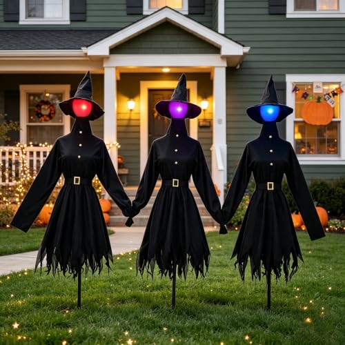 Light Up Halloween Witches Set of 3 - 4.9FT Outdoor Yard Decorations with Sound