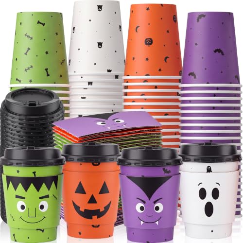 Halloween Disposable Coffee Cups with Lids & Sleeves - 8 oz Bulk Set