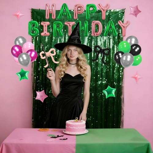 Witch Birthday Balloon Kit - Pink & Green Foil Balloons Crown Hat Bows - Variation 3