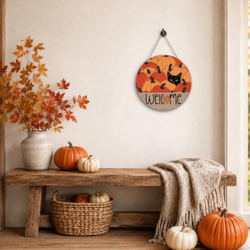 Fall Welcome Wooden Door Hanger with Black Cat and Pumpkin - Cat Fall Variation