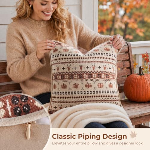 Fall Pumpkin Pillow Cover 18x18 Inches with Piping - Burnt Orange - Kevin Textile