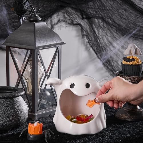 White Ghost Ceramic Candy Bowl Holder with Large Opening for Halloween Decoration & Trick or Treat