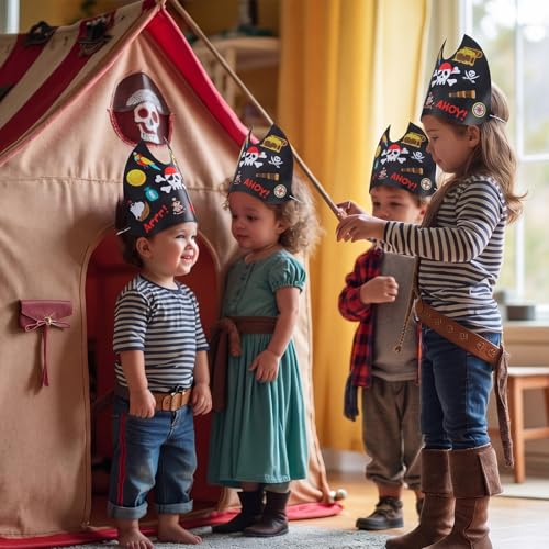 Pirate Party Hats Set with Stickers & Elastic Ropes - 24 Count
