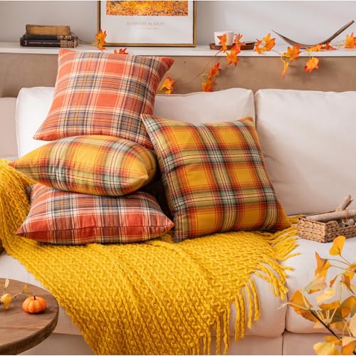 Fall Plaid Yellow Throw Pillow Covers Set of 2 - 12x20 Inch Autumn Decor