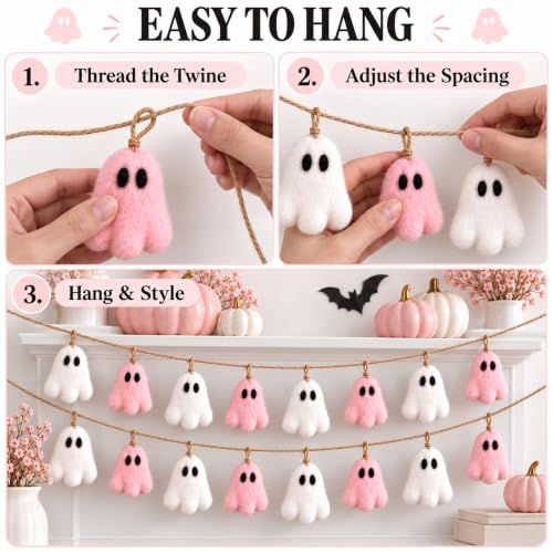 Halloween Felt Ghost Garland Set - Pink & White 6.5 ft Decorations for Parties & Home