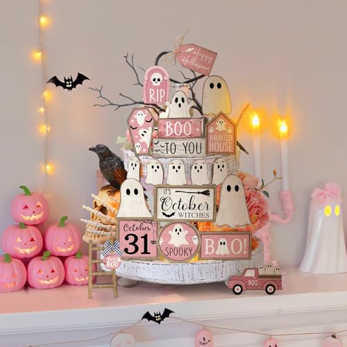 Halloween Wooden Tiered Tray Decorations Set Ghost Pink White - MiniInflat