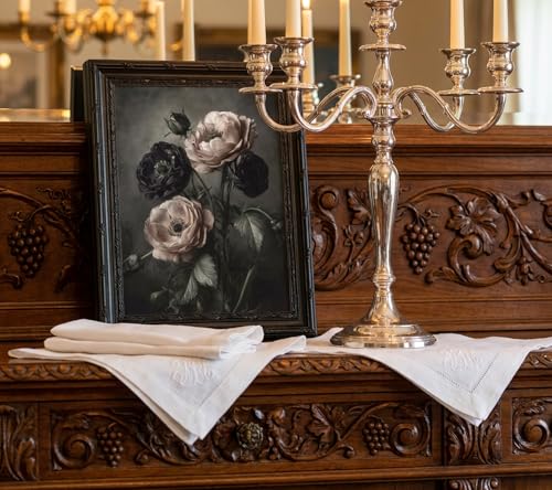 Dark Floral Canvas Wall Art - Vintage Gothic Botanical Painting, 16x12in - Black Frame