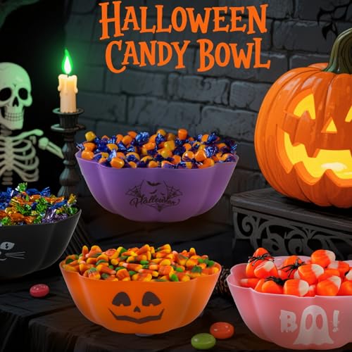 Halloween Candy Bowl Set 4 Large Reusable Plastic Pumpkin Bowls - Purple
