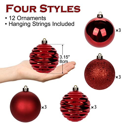Christmas Ball Ornaments Set - Red 3.15 Inch Shatterproof Holiday Tree Decorations (12 pcs) with Hanging Loops