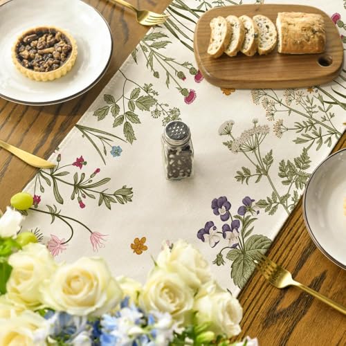Floral Wildflowers Herb Spring Table Runner - 13x108 Inch Beige Seasonal Decor