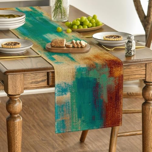13x72 Inch Abstract Modern Art Table Runner Brown Blue | Farmhouse Kitchen Decor