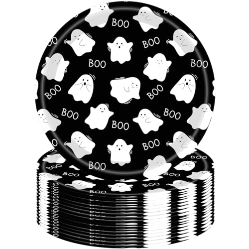 Halloween Ghost and Pumpkin Paper Plates 7 Inch - White, 50 Pack