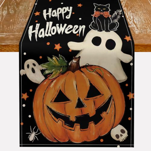 Halloween Table Runner Jack O Lantern Pumpkin Ghost Black Cat 13 x 72 inch - Farmhouse Fall Holiday Decor