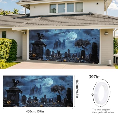 Halloween Garage Door Banner - Haunted Graveyard with Pumpkins, Bats & Full Moon - 6x13FT - Spooky Outdoor Decoration - Variation #3