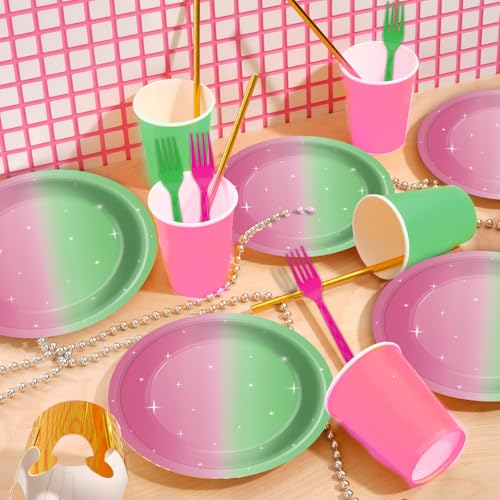 Witch Party Tableware Set - Pink & Green Plates Napkins Forks for 24 Guests - Halloween & Birthday Decorations