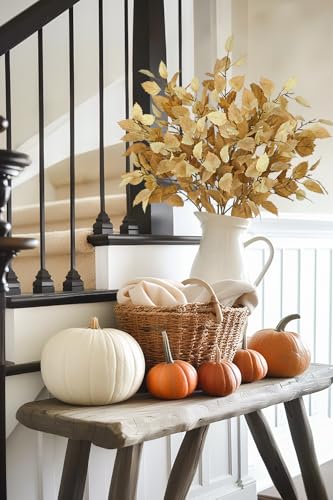 Artificial Fall Birch Leaves Stem - Light Brown 6 Pcs Faux Autumn Greenery, 33.4" Tall for Thanksgiving & Wedding Decor