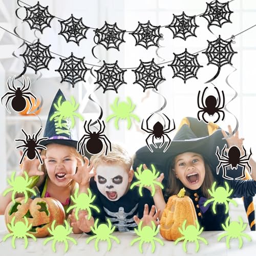 Halloween Hanging Spider Web Decorations Set with Glitter Garlands and Glow-In-The-Dark Stickers