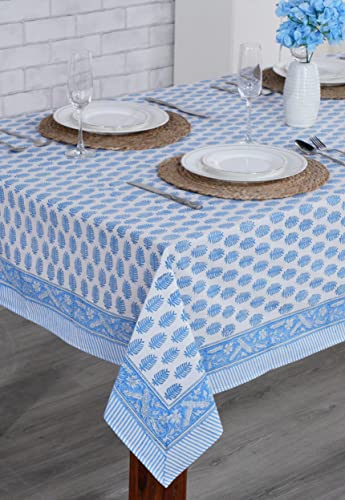 Cerulean Blue Hand Block Print Cotton Tablecloth 140x72 Rectangle - Rustic Farmhouse Style