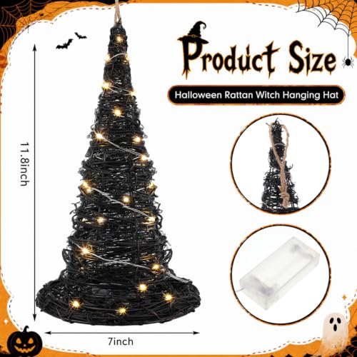 Halloween Rattan Witch Hat Decor Set with LED String Lights - Indoor Outdoor 12 Inch