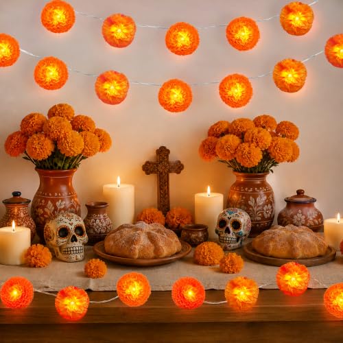 20Ft Orange Marigold Garland String Lights for Day of the Dead Decorations - 30 LEDs