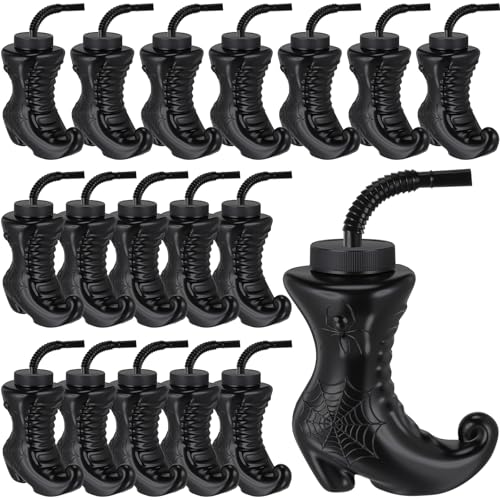Halloween Witch Boot Cups Set of 24 - 10 oz Reusable Plastic Drinkware with Lids & Straws