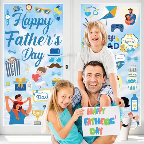 Father's Day Window Clings - Blue Double-Sided Decorations, 77PCS Gift Set