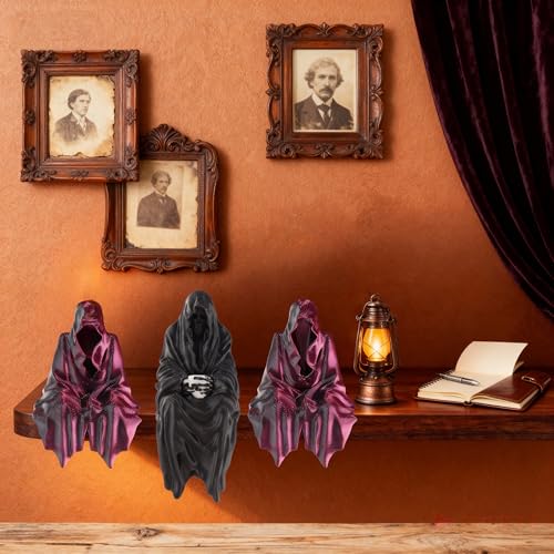 Halloween Gothic Decor Sitting Statue Set - Faceless Hooded Figures - 4" Black & Purple Figurines for Spooky Home Decor