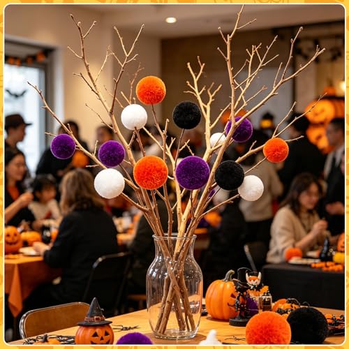 Halloween Yarn Pom Poms Set - Large & Small 60Pcs in Black Orange Purple White