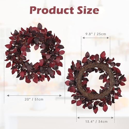 Artificial Fall Leaf Wreath for Front Door – Burgundy Red, 20-Inch Autumn Decor