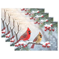 Winter Birds Placemat Set of 6 - Christmas Snow Poinsettia Berry Table Mats - 12x18 Inch, Washable & Fast Dry