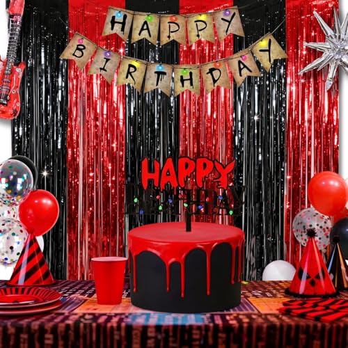 Red Black Party Streamers Backdrop - 2 Pack Fringe Curtains for Stranger & Halloween Parties