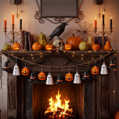 Halloween Hanging Ornaments Set - Silver Ghost, Gold Pumpkin & Witch Hat - 30 Mini Plastic Decorations
